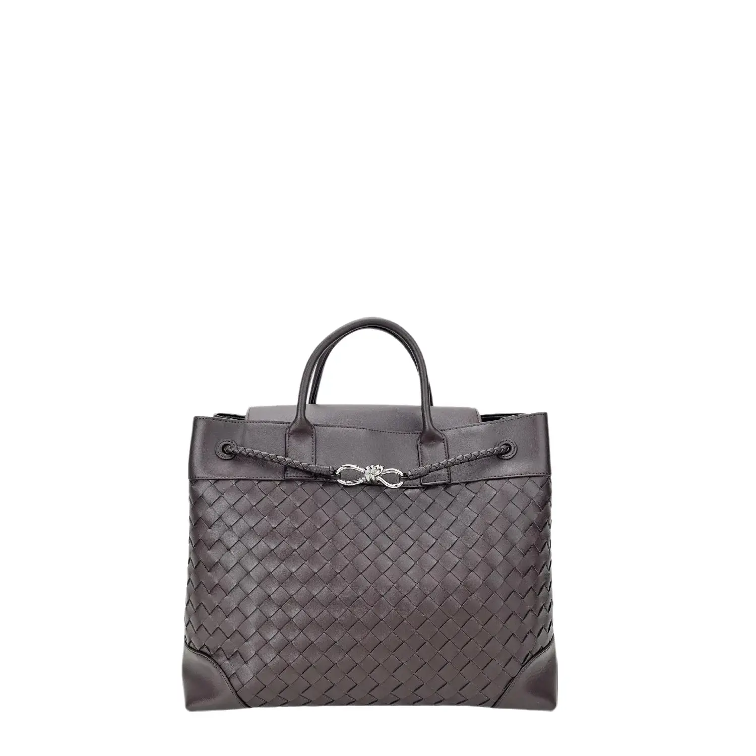 Women's Classic Woven Cowhide Handbag - Bowknot Hardware, Large-Capacity Casual Commuting Handbag, Convertible Shoulder-Crossbody Fashion Leather Bag