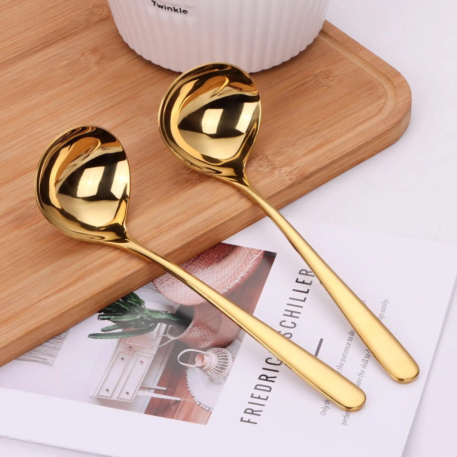 Stainless Steel Soup Ladle, 2 Counts Long Handle Soup Spoon, Modern Durable Kitchenware Kitchen Utensils Gadgets Stainless Steel Kitchen Cooking Utensils, Household Kitchen Utensils, Kitchen Accessories, Gold Plated Spoon