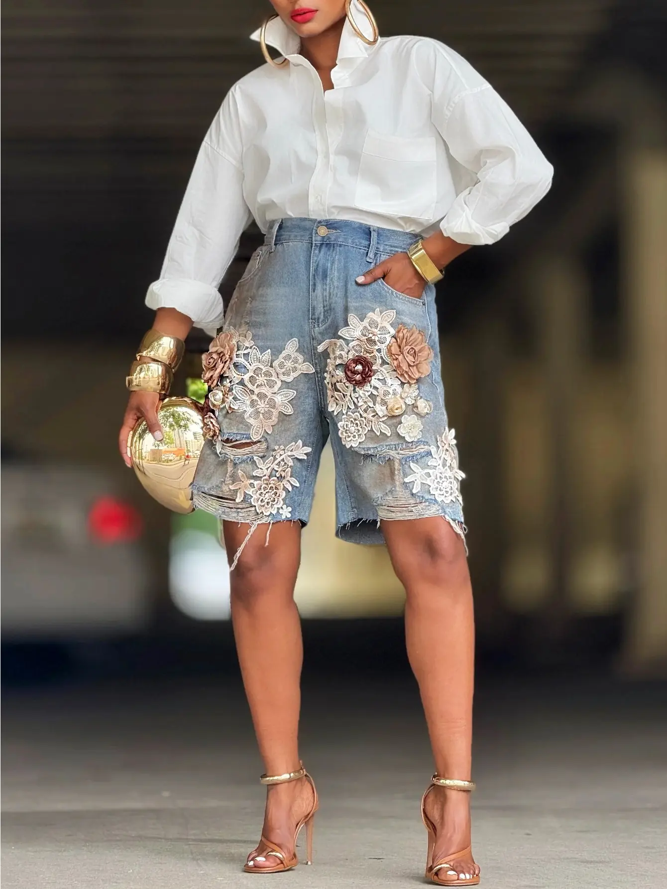Women's Designer Lace Floral Ripped High-Waisted Denim Jorts - Fitted Casual Style Bottoms with 3D Floral Details, Simple Button-Accented Summer Bottoms, Clothing, Buttons, High Waisted Shorts, Briefs, Valentines Day, Above The Knee, Women's Fashion, Jort