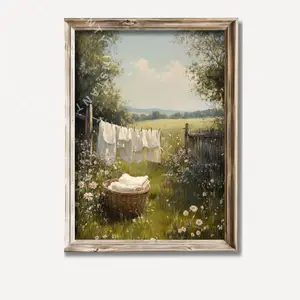 Farmhouse Laundry Day Print Country Landscape Painting Vintage Laundry Room Art Farmhouse Antique Summer Decor Wall Poster