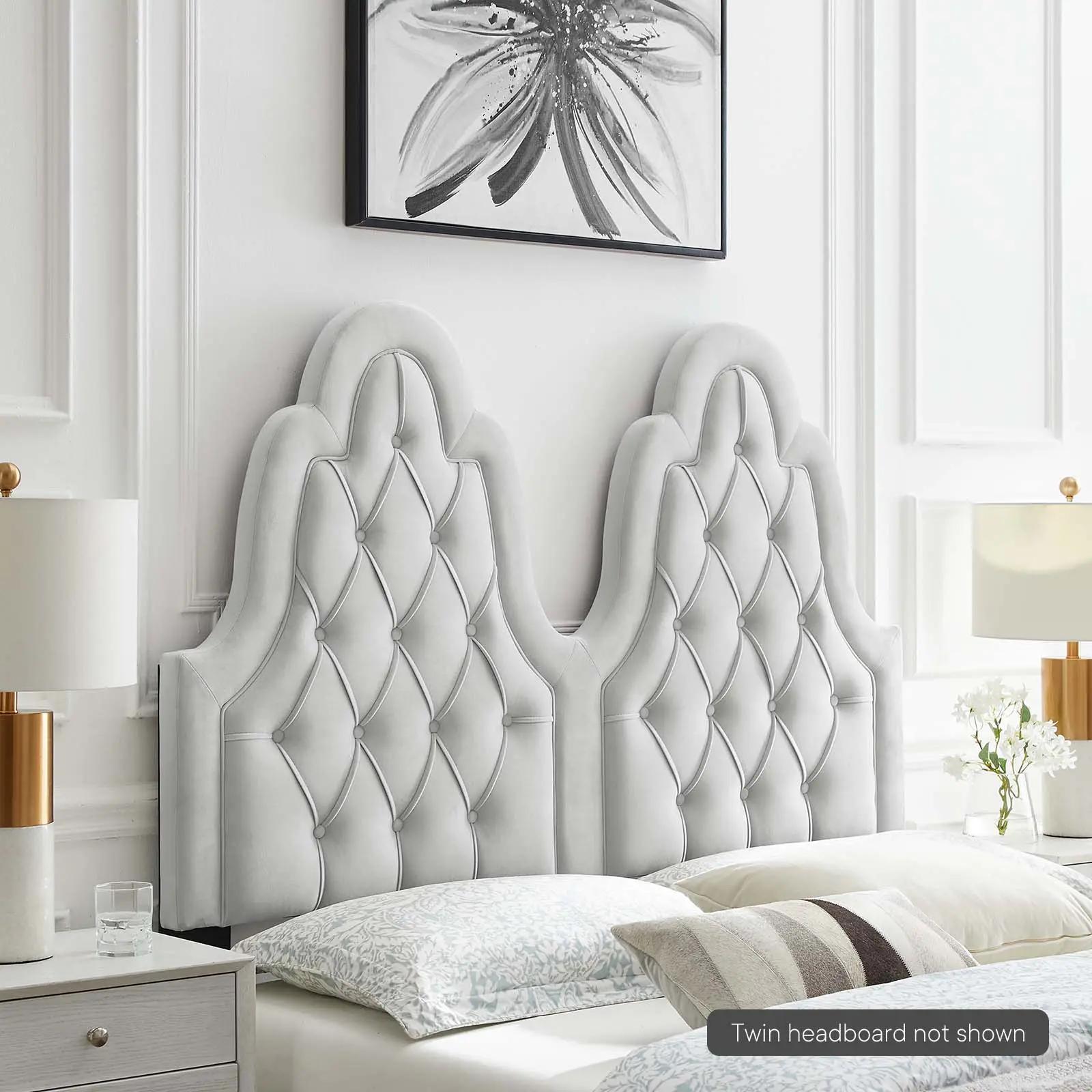 Modway Augustine Tufted Performance Velvet Twin Headboard - Luxury, Adjustable, Light Gray, Vintage, French Piping Detail, Ideal for Dorm Rooms, Bedroom, Kid's Bedroom, Headboards