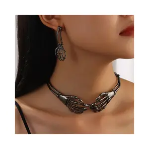Men's Accessories Dark Style Fashion Skeleton Ghost Claw Necklace & Finger Bone Stud Earrings Set, Gothic Punk Personality Costume Jewelry for Sports & Outdoor Enthusiasts,summervibes