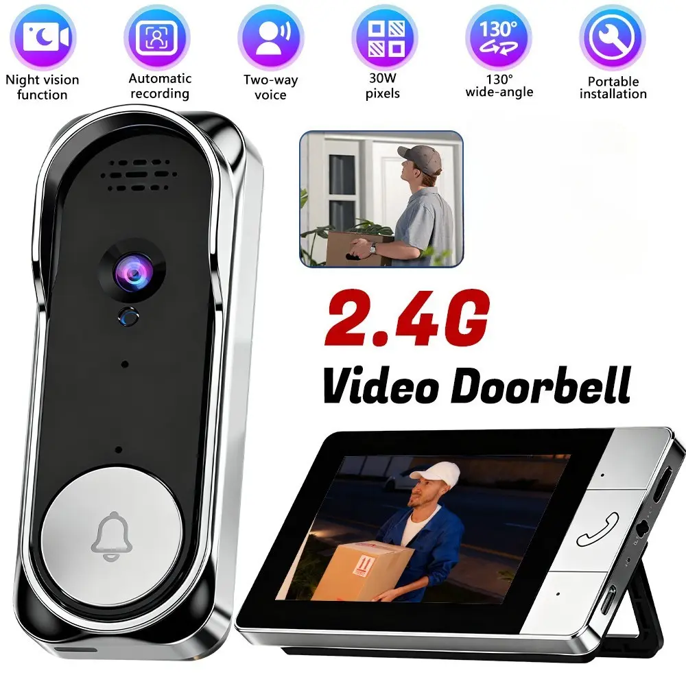 Wireless Doorbell Camera No Subscription, 2.4 GHz Wireless Signal, No App & WiFi Needed, Video Intercom 2-Way Talk, Door Bell with Monitor Recording and Night Vision