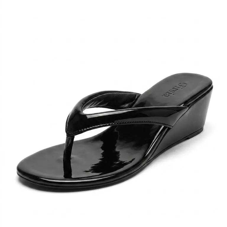 Girsia Women's Low Wedge Flip Flops - Retro Aesthetic, Glossy Round Toe, PU Leather Rubber Thong, Textured Rubber Outsole, Trendy Summer Beach Wedges for Women's Footwear Needs, Sandals For Women