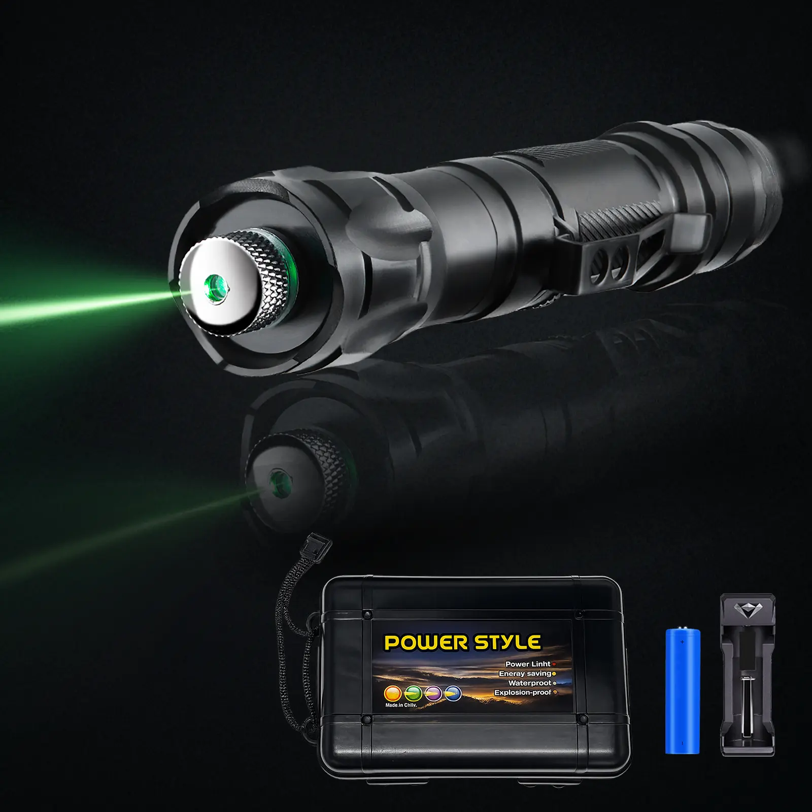 Rechargeable Green Presentation Pointer with Kaleidoscope Cap, Adjustable Focus Handheld Pointer, Pocket Size Aluminum Alloy Design with Metal Clip and Charging Accessories