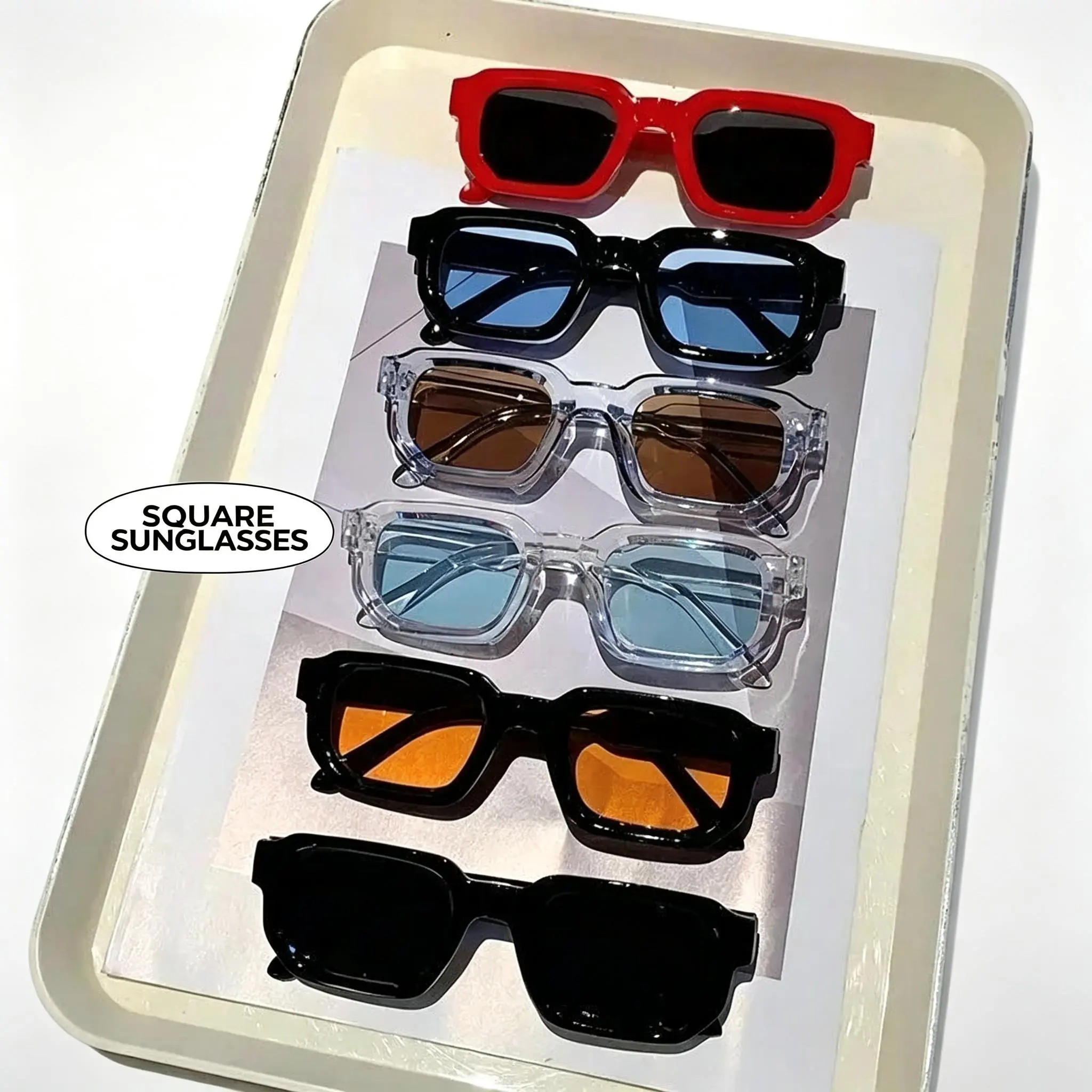 Unisex 6-Pack Vintage Rectangle Statement Frame Sunglasses - UV400 Bold UV Protection, Classic Cut, Retro Look, Lightweight Eases Long Wear, Elegant Luxury Design, Outdoor Daily Travel Use, All-Season Fashion Eyewear