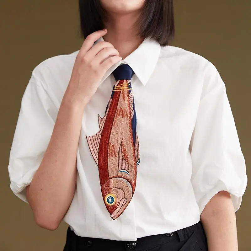 Embellished Satin Necktie with Quirky Fish Embroidery, Colorful Irregular Spliced Design, Fancy Statement Accessory, Colorful Fancy Neckties, Embellished Neckties