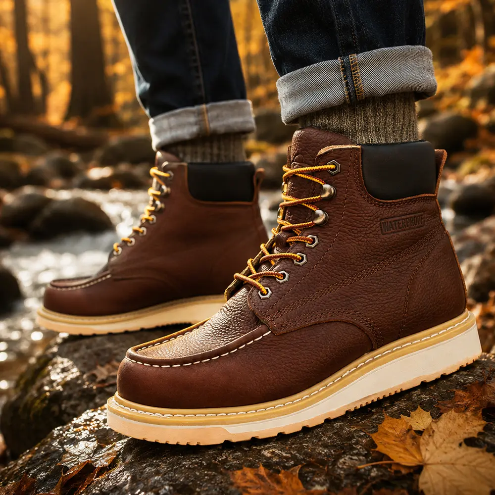 6" Men's Work Boot - Bronze (AZX551) Classical Soft Toe MD Sole Genuine Leather Water-proof Safety Boots Comfortable Work Safety Shoes