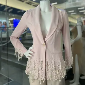 Charlotte Pearl Long SLV Blazer Pink with Embellished Pearls and Elegant Design