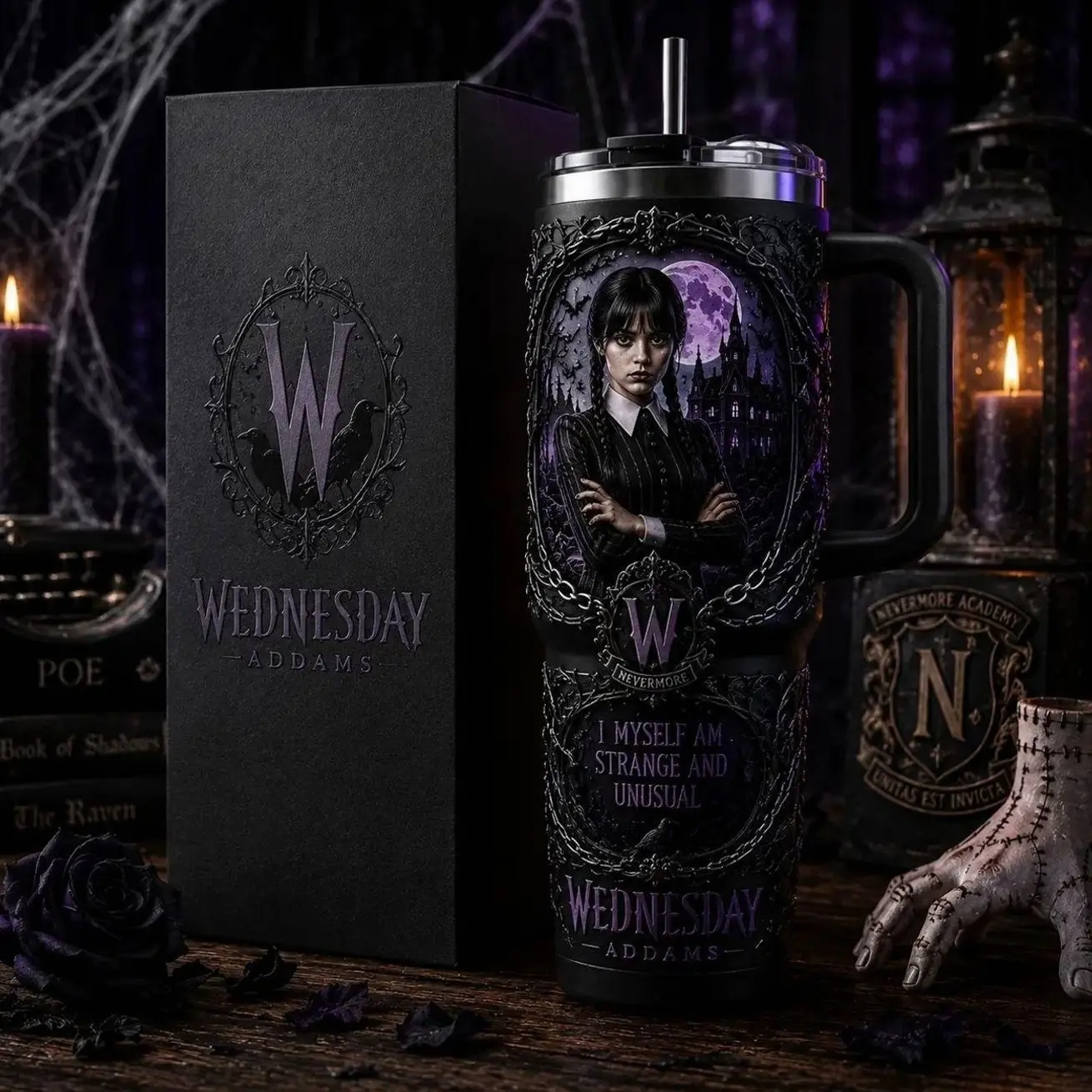 OceanSip4U Wednesday Addams 40oz Stainless Steel Tumbler with Handle, Vacuum Insulated Travel Mug, Gothic Halloween Cup, Nevermore Academy Inspired Tumbler, Spooky Gift for Wednesday Fans