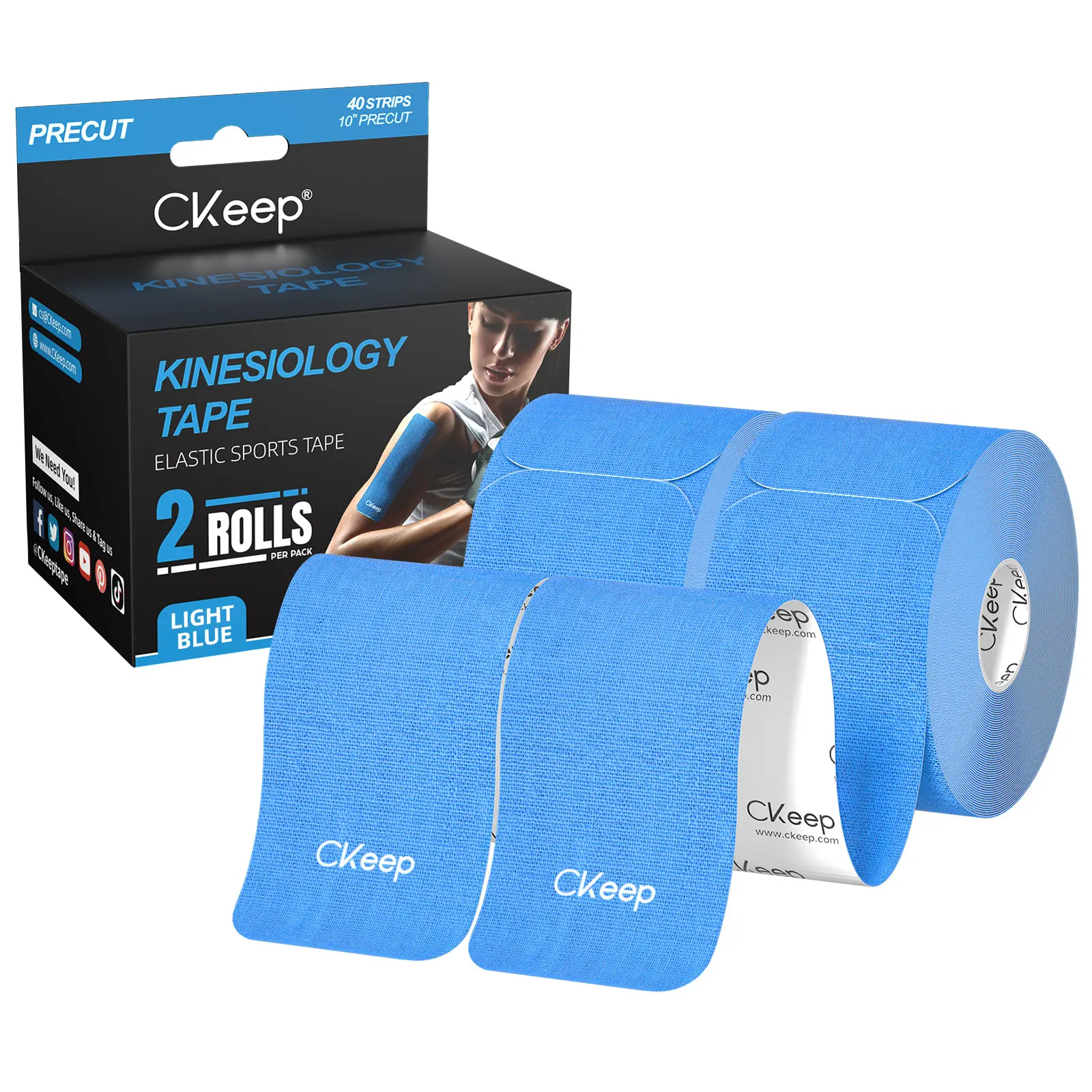 Ckeep Precut Kinesiology Sports Tape, 2 Rolls - Original Cotton, Latex-Free, Breathable Athletic Tape for Sports, Knee & Shoulder Pain Relief