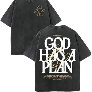 Retro Washed 230 Pure Cotton Oversized Short-Sleeve Round Neck T-Shirt, Double-Sided 'GOD HAS A PLAN' Letter Print, Distressed Slightly Cropped Streetwear Apparel, Summer Clothes summerwind,summerwin