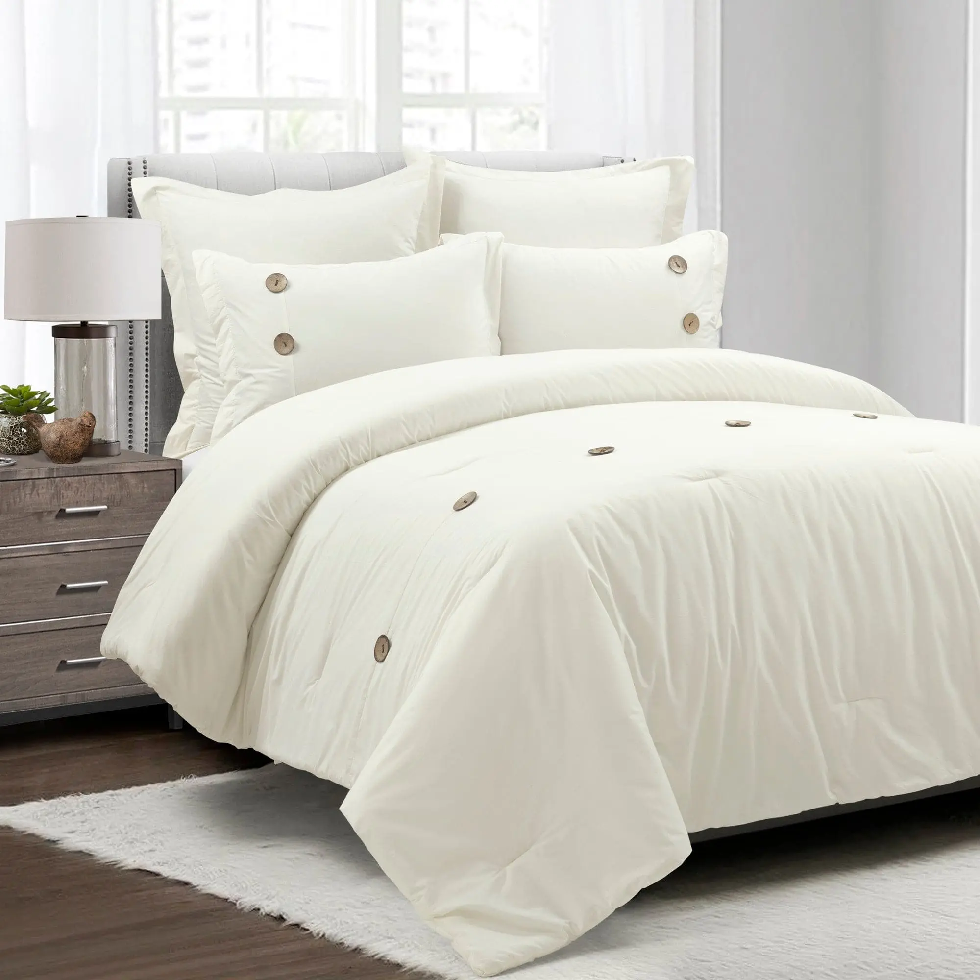 Lush Decor Natural Linen Button 5-Piece Bedding Set - Soft, Cozy Comforter-Included Farmhouse Layered Quilt Bedding Collection, Bedding Sets