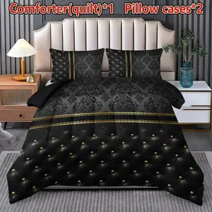 3-piece Luxury Black and Gold Embroidered Pattern Quilt Set (1 Quilt + 2 Pillowcases, without Pillow Inserts), with 200gsm filling, soft and breathable, digital printing, suitable for bedroom, dormitory, and home use