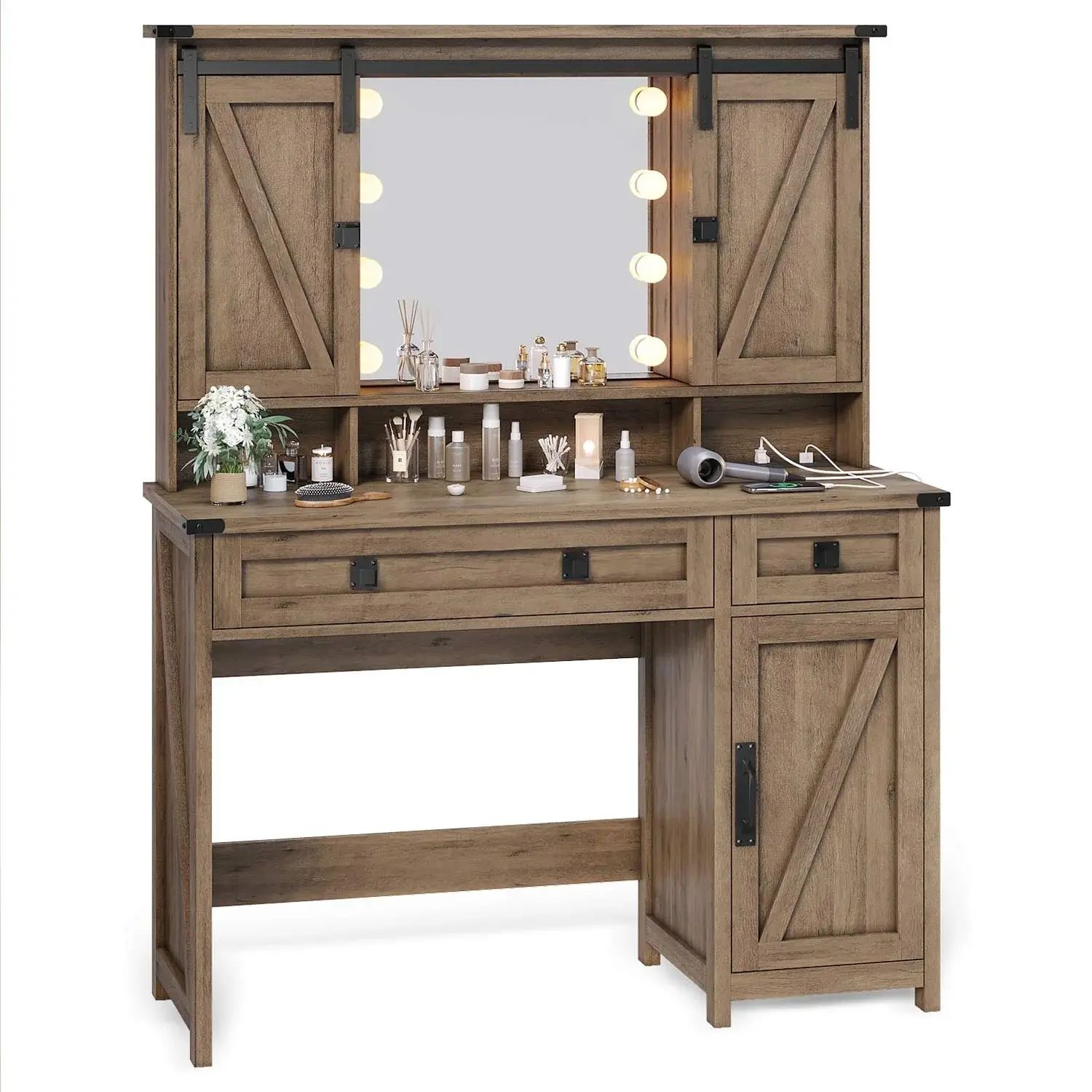 SIKAIC Makeup Vanity Desk with LED Vanity Mirror and Sliding Barn Doors, Brown Indoor Furniture, Vanity Mirror With Light