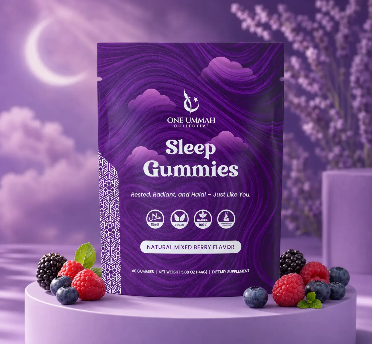 Halal Certified Melatonin Tasty Sleep Aid Gummies - 3mg Melatonin, GABA, L-Theanine, Herbal Blend - 60 Count Chewable Calming Aid Sleep Supplements for Natural Nighttime Relaxation