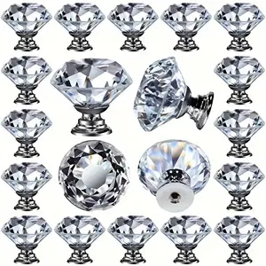 Elegant Crystal Handles Set of 25, 30mm Aluminum Drawer Pulls, Sparkling Diamond Shape, Perfect for Kitchen Cabinets, Dressing Tables, Bathroom Vanities