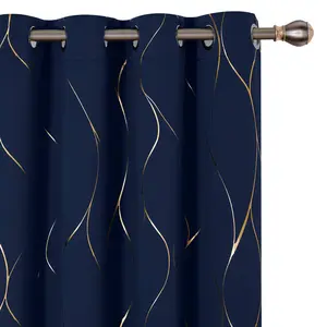 Deconovo Navy Blue Blackout Curtains (2 Panels, Gold Wave Foil Print, Attachment Device) - Thermal Insulated, Soundproof Drapes for Living Room, Bedroom, Office, Curtains Living Room