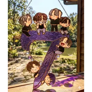 Korean Pop Inspired Suncatcher, Chibi Boy Band Glass Art, Handmade Rainbow Window Decor, Gift for Fangirls, Fan Anniversary Gift