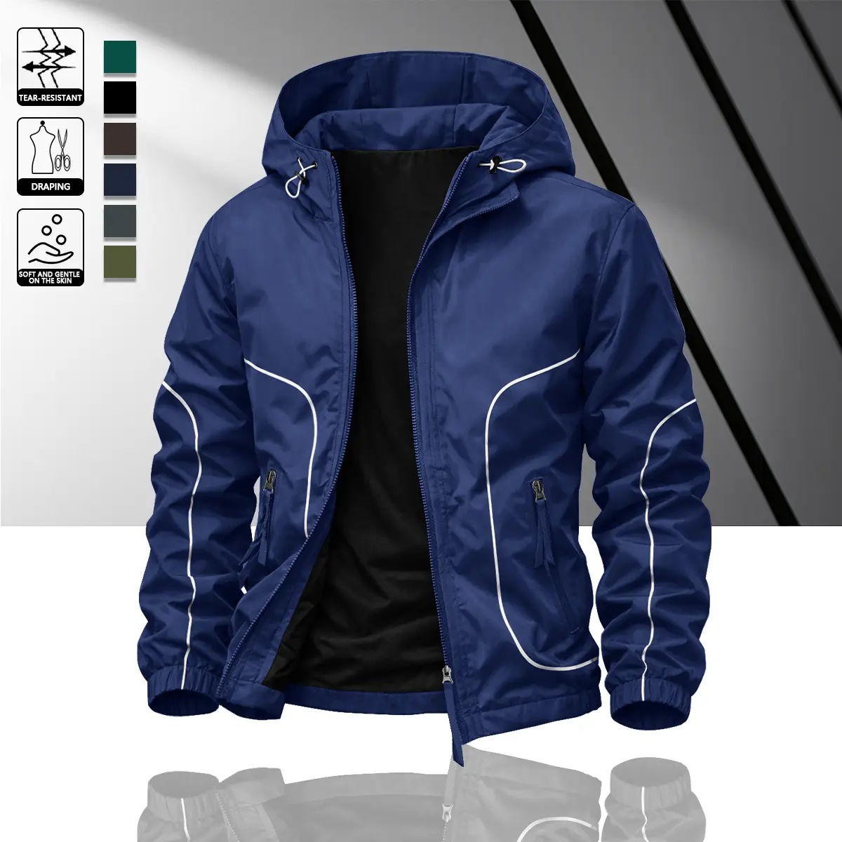 Men's Casual Hooded Windbreaker Jacket Constructed with tear-resistant windproof fabric Comfortable drape fit Stylish color-blocked stripe design Side zippered pockets Drawstring adjustable hem Ideal for daily commuting and outdoor activities Long Sleeve