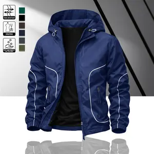 Men's Casual Hooded Windbreaker Jacket Constructed with tear-resistant windproof fabric Comfortable drape fit Stylish color-blocked stripe design Side zippered pockets Drawstring adjustable hem Ideal for daily commuting and outdoor activities Long Sleeve