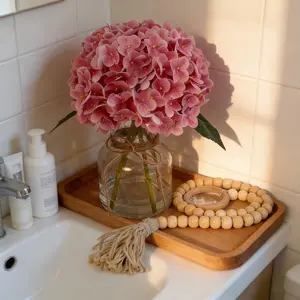 Garvee Real Touch Hydrangea Artificial Flowers in Vase with Wood Bead String - Lifelike Faux Hydrangea for Home Decoration, Table Centerpiece, Bathroom, Office, and Water Bar