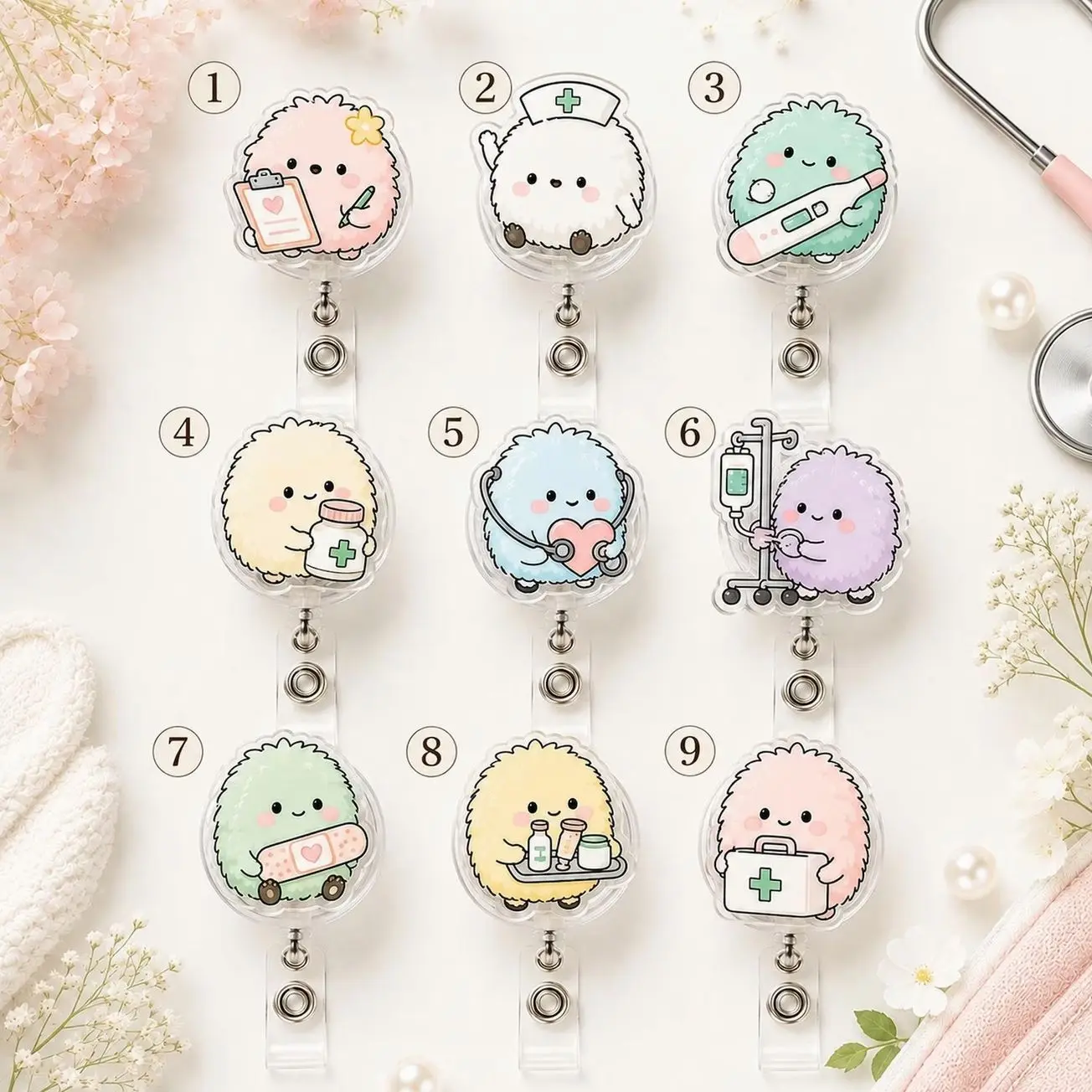 9 ops (not combo 9) Kawaii Fluffy Nurse Badge Reel, Cute Medical Character ID Holder, ICU RN Nurse Badge Reel, Medical Gift