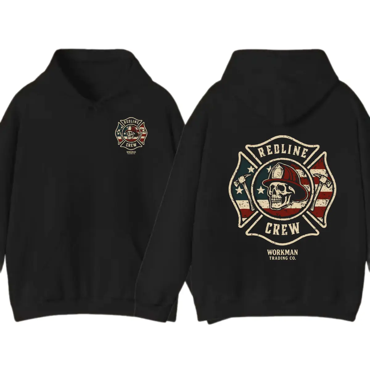Redline Crew Firefighter Graphic Sweatshirt, Vintage Fireman Skull Print Hoodie, Soft Cotton Blend Shirt, Firefighter Lifestyle Apparel for Men & Women, Workman Trading Co.