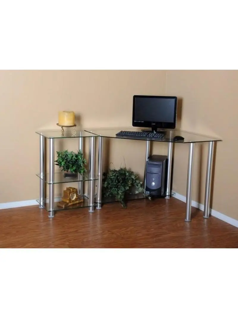 RTA Home & Office CT-0135 NEW Clear Tempered Glass Corner Computer Desk with Right Extention Table