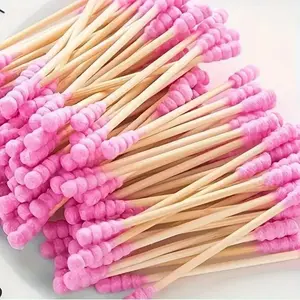 Pink Double-Headed Ear Cotton Swabs, 100 Count - Unscented Wooden Stick Makeup Remover Cleansing Pack
