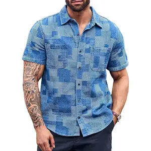 PASLTER  Mens Denim Shirts Short Sleeve Patchwork Button Down Casual Hippie Summer Jean Shirt Menswear Top