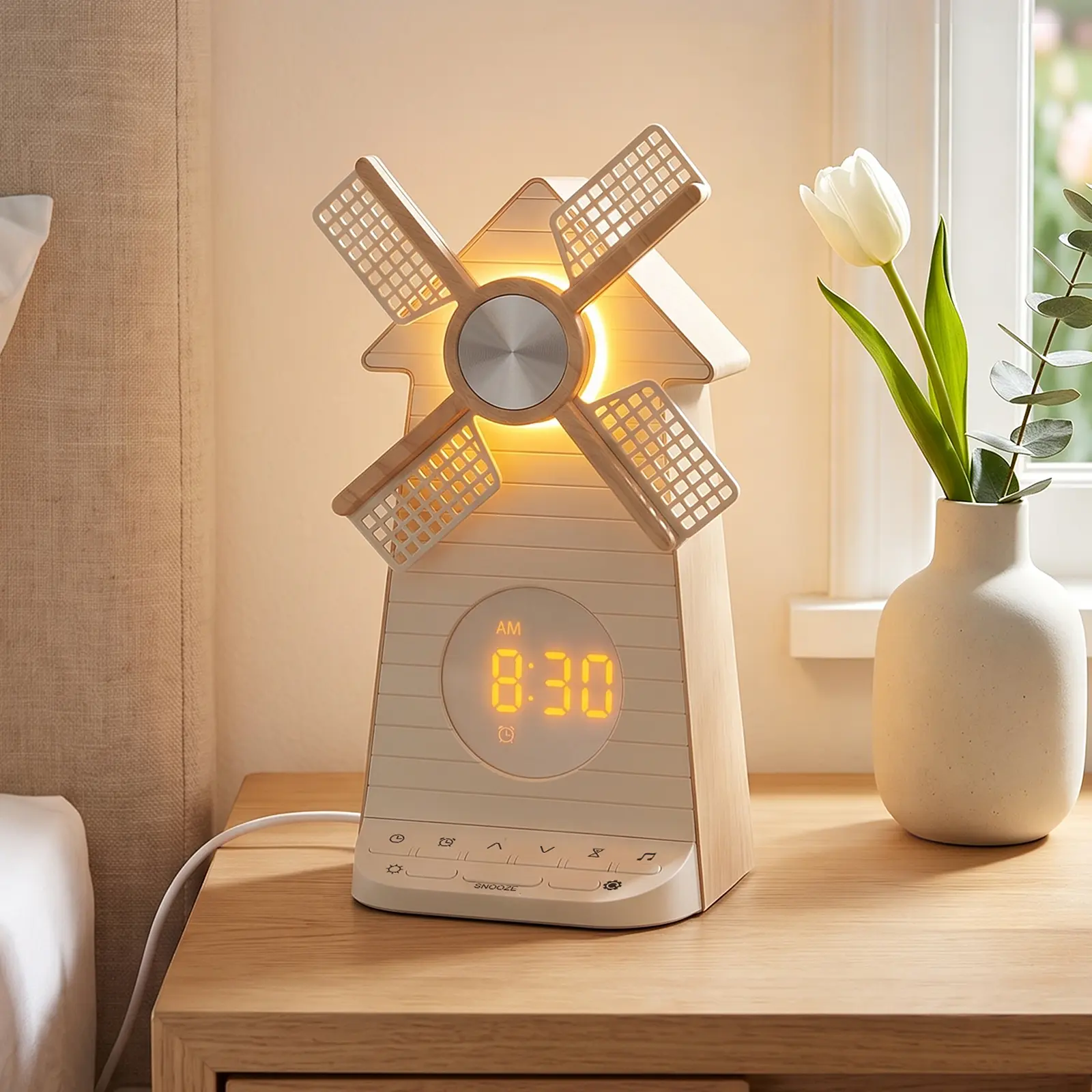 Reteyung Digital Alarm Clock for Bedrooms - 360° Rotatable Mill Plastic Decor, Adjustable Intensity LED Display Desk Lamp, Indoor Night Light, White Noise & Nature Sounds, Sleep Timer, Snooze, USB Phone Charging, AC Power Supply