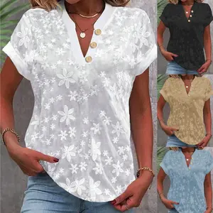 Women's Summer V-Neck Floral Lace Top Short Sleeve Button Detail Mesh Embroidery Casual Loose Blouse Shirt