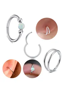 3pcs Silver Cartilage Earrings for Women Helix Piercing Jewelry Opal Double Hoop Earring Small Tragus Cartilage Hoop Second Hole Earrings for Women Septum Ring 18g Clicker Nose Ring Hoops 8mm