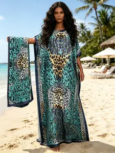 1 Robe+1 Scarf Leopard Peacock Printed Robe Dress Set Large Ship Collar Loose Flesh Concealing Long Dress+Scarf Wild Light Luxury Vacation Style Long Dress Elegant and Sexy Vacation/Daily Flesh Concealing and Slimming Two Piece Set