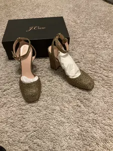 J.CREW HARLOW ANKLE-STRAP PAMPS IN MAGIC LUREX GOLD (VICKY) SIZE 7,5 METALLIC.  A glittery gold Lurex finish makes this block-heel pump the ultimate party pick. Bonus points for supportive ankle straps (aka, even more of
