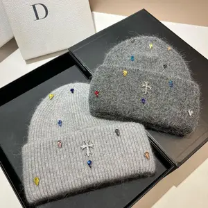 Fashionable Paris cross light luxury colorful rhinestone wool knitted hat winter outdoor warm soft waxy plush ear protection hat