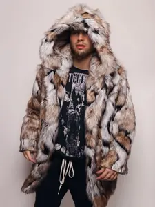 Men's Large Size Mountain Cat Pattern Hooded Faux Fur Coat, Autumn Winter Mid-Length Thick Warm Outerwear, Luxurious Casual Commute Jacket