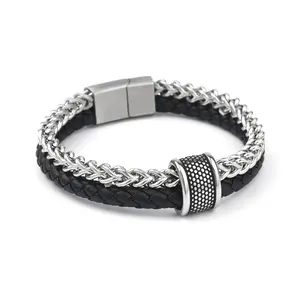 Men’s Leather & Stainless Steel Bracelet | Magnetic Clasp Calming Jewelry, Casual Simple Bracelet Gift for Him