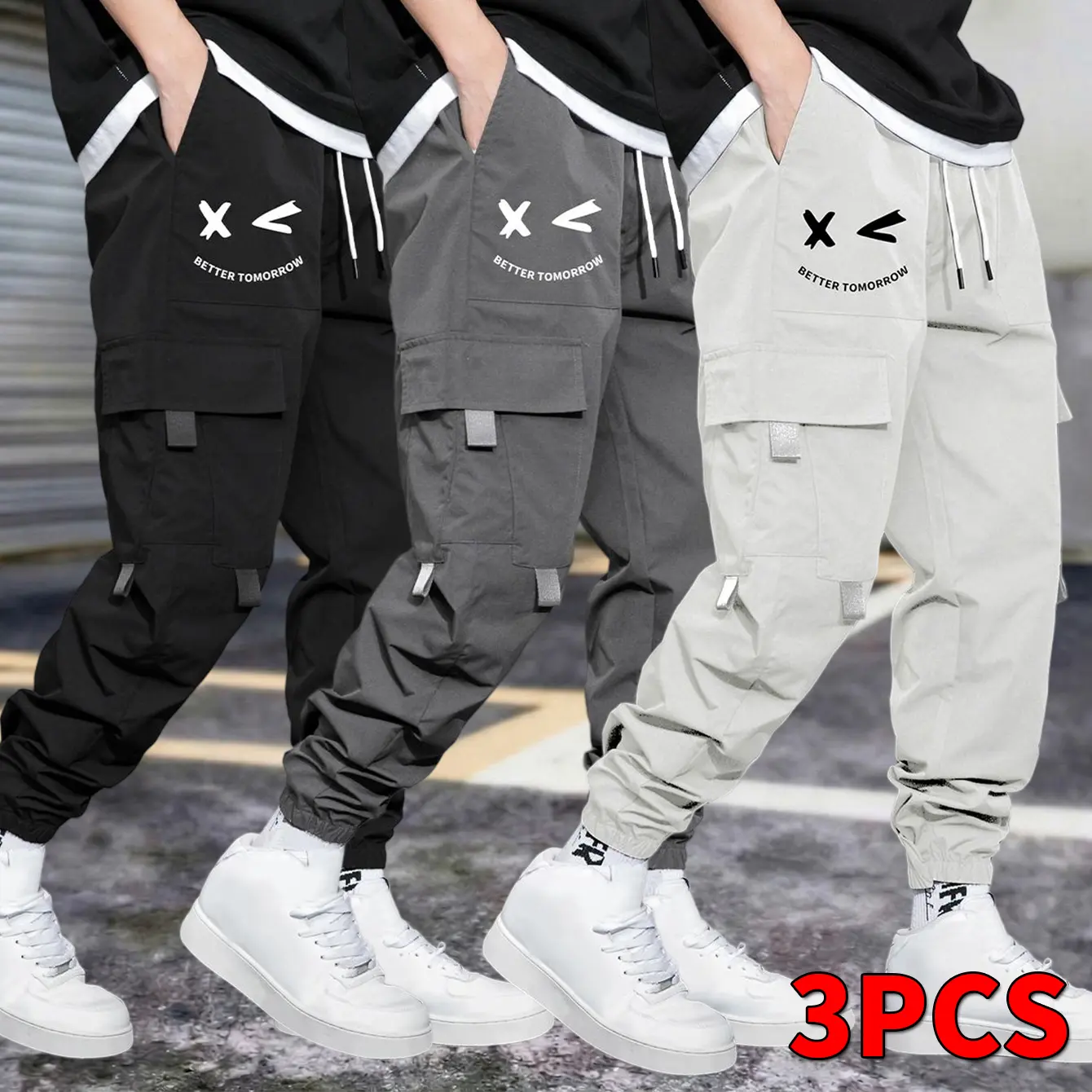 Men's 3-Pack Loose-Fit Polyester Athletic Cargo Pants - Graphic Letters Design, Breathable Mid-Waist Drawstring Trousers with Multiple Pockets, Leggings-Infused for Outdoor Travel, 3pcs-Apricot Red+Dark Gray+Black