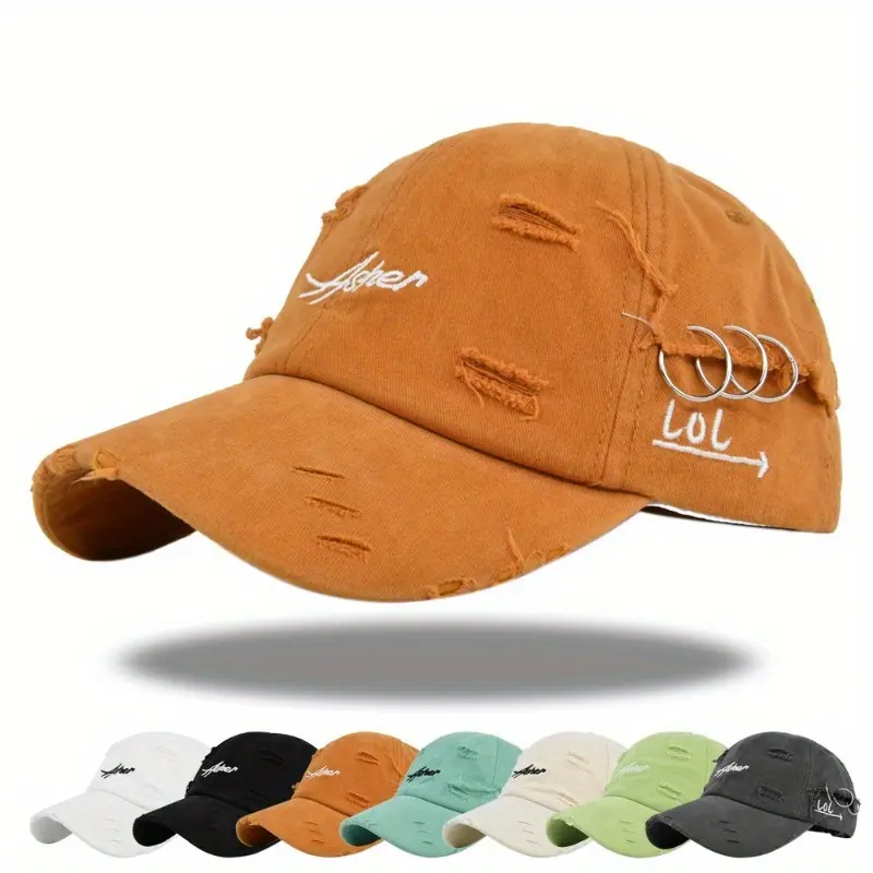Vintage Torn Look Dad Hat with Letter Embroidery, Unisex Grunge Style Washed Fabric for All Seasons Wear, Grunge Sports & Outdoor Hats, Faded
