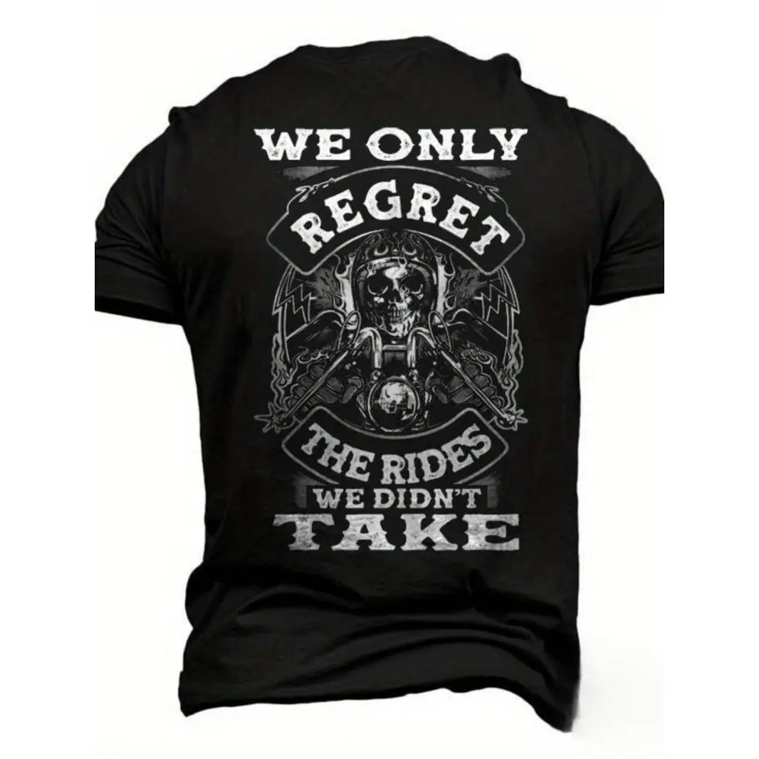 Men's Vintage Biker Skull Graphic T-Shirt - Washed Black Short-Sleeve Crew Neck Chic Fitted Breathable Streetwear Top for Riding, Party, New Year Rock Style Gifts, Menswear, Smooth Casual