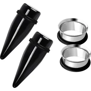 2 Pairs Black Acrylic Ear Tapers and 316L Stainless Steel Tunnels Plugs Gauges Ear Stretching Kit