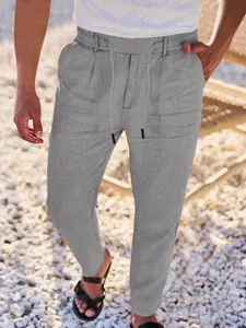 Men's Breathable Linen Jogger Pants, Casual Fitted Buttoned Lounge Wear, Elastic Waist & Drawstring, Lightweight Moisture-Wicking Fabric