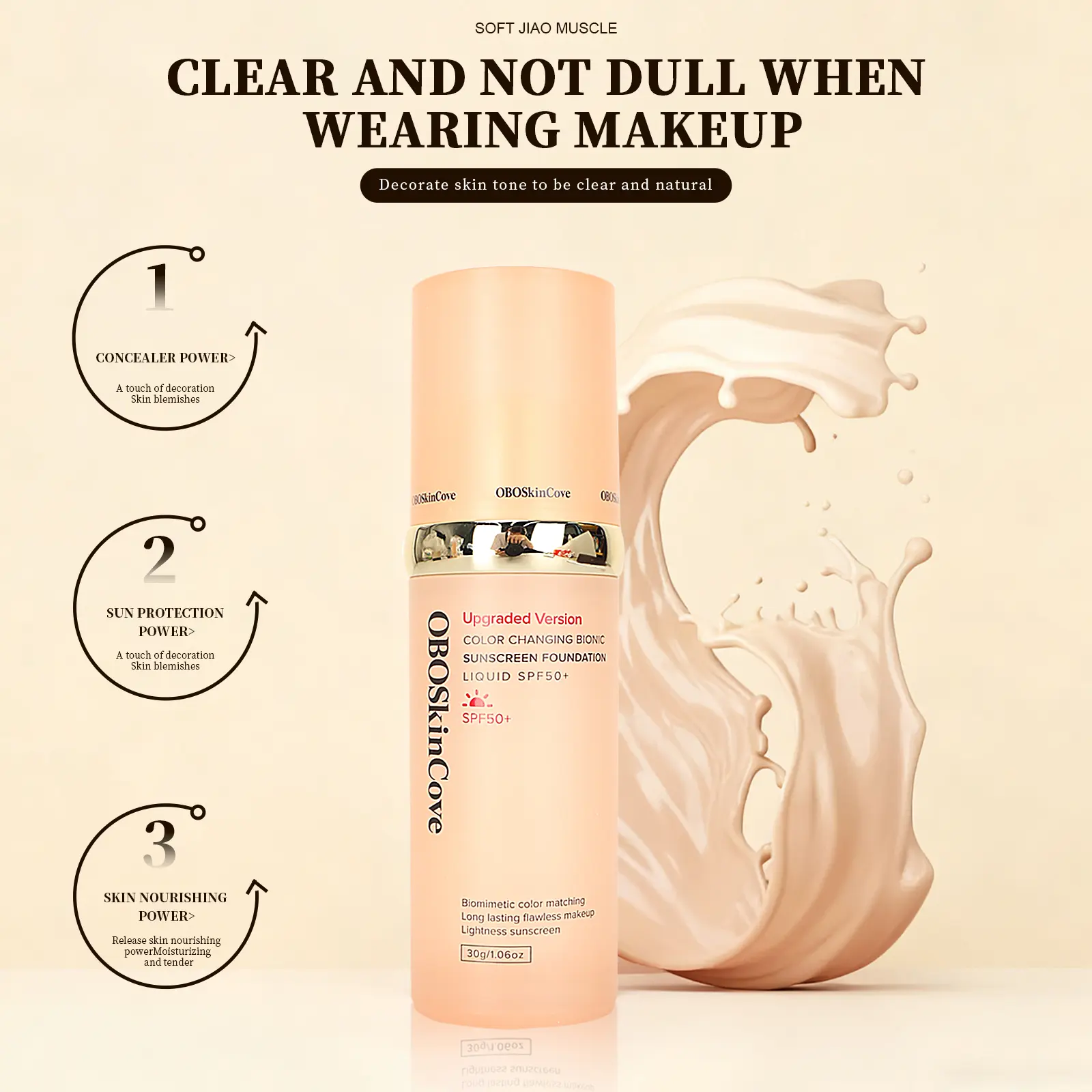 OBOSkincove 4-in-1 Color Changing Bionic Tinted Sunscreen Foundation (New Version) - Facial Cosmetic Beauty Product with Niacinamide, Moisturizing for Content Creators, Travel & Outdoor Use