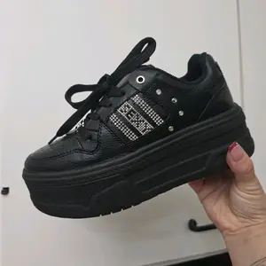 SEXXY Platform Sneakers Comfortable for Daily Wear with Rhinestone Detail Black Leather Shoes