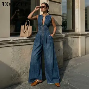 UOOZEE Women's New Summer Vintage Sleeveless Denim Wide Leg Jumpsuit, High Waist Front Zip Denim Overalls with Pockets, Zip Front Casual Jumpsuit for Tall Women(One Size Up Recommended for C - Cup and Above)