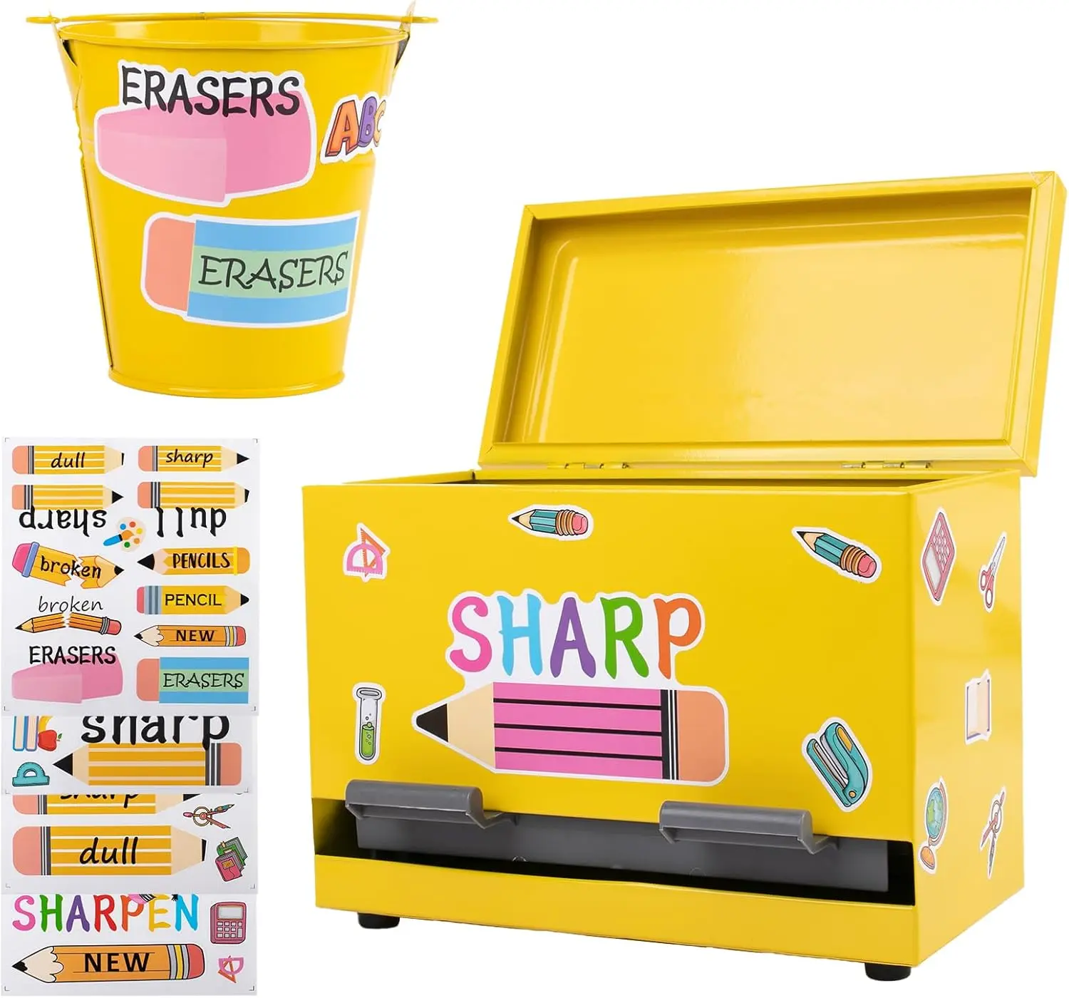 2 count Stainless Steel Pencil Dispenser Pen Holder  to School Dull Pencil Bucket with 4 sheet Stickers Metal Bucket with Handle for Bulk Pencils Storage Teachers Classroom Supplies