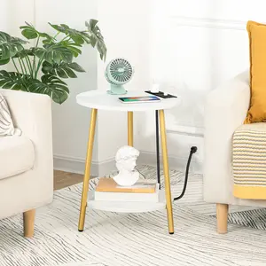 HOOBRO Round End Table with Charging Station, 2-Tier Small Circle Side Table, Round Accent Table for Living Room, Bedroom, White and Gold Coffee Table#SpringSale #BigSpringSale
