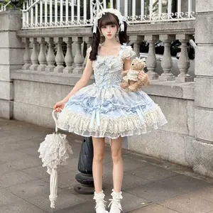 2026 Cosplay Sweet Lolita Y2k Mini Dresses Women Lace Patchwork Short Sleeve Elegant Bandage French Vintage Short Party Dress